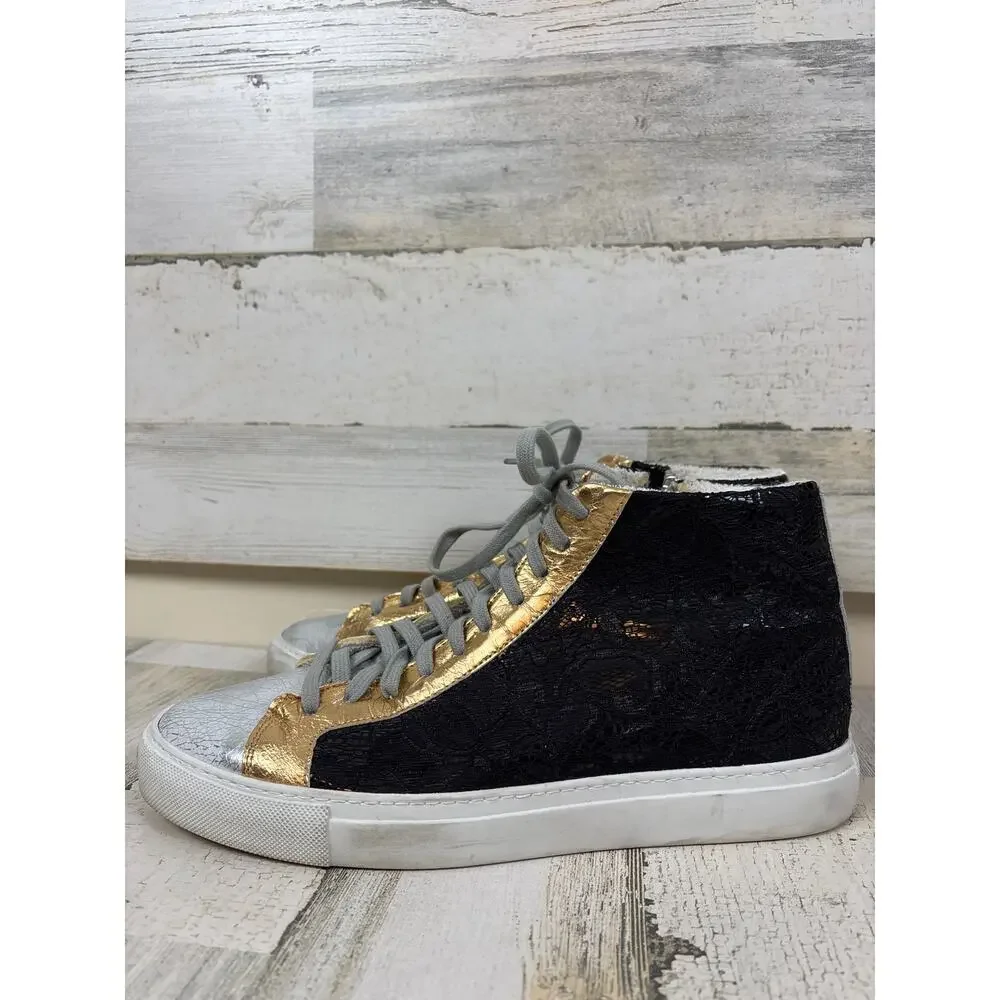 P448 Womens 10 Black Metallic Leather High Top Gold Lace Up Casual Sneakers